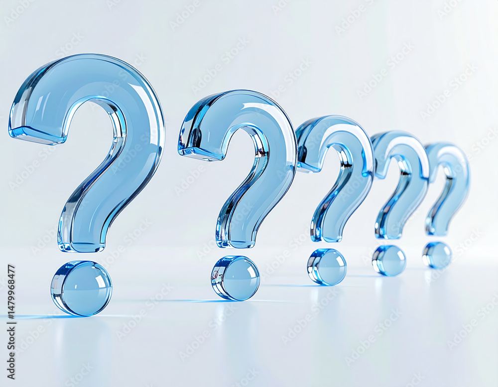 Poster transparent question marks in a row, symbolizing curiosity and inquiry, set against a light backgrou