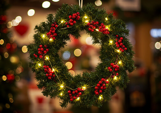 Illuminated Christmas Wreath with Red Berries and Warm Lights