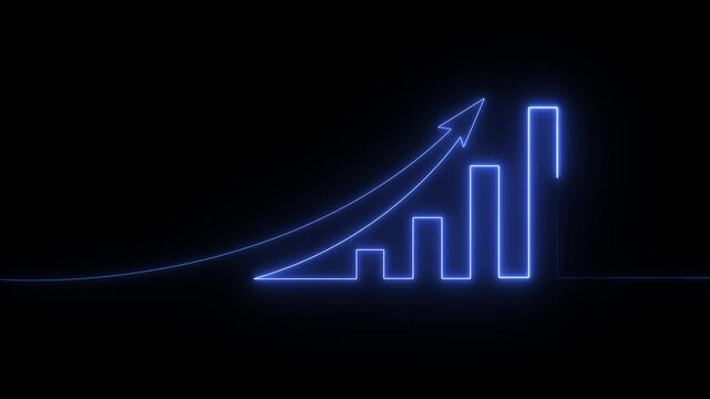 Neon glowing line of increasing up arrow bar graph sign. Business financial analytics and sales growth in simple linear style.