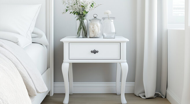 Elegante mesa de cabeceira branca com gaveta, mesa de cabeceira minimalista com vaso de flores e jarra de vidro decorativa em um quarto
