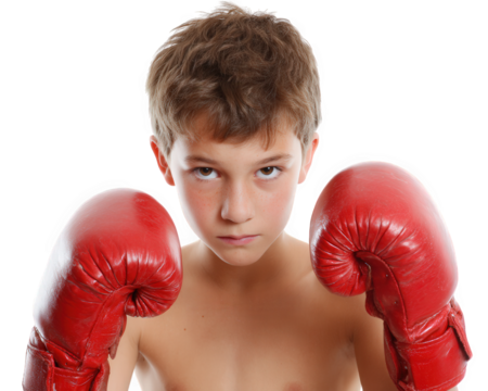 Young boy boxing with red gloves, showcasing determination and focus. portrait captures essence of youth and athleticism, emphasizing strength and readiness for sport