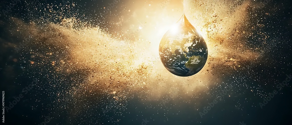 Poster earth in a drop of water surrounded by cosmic elements and light