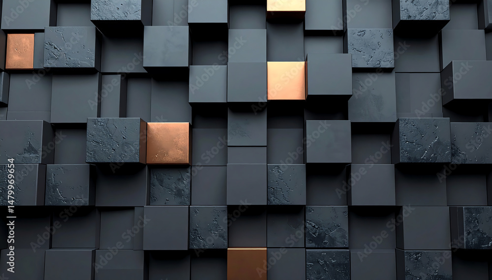 Poster a modern abstract design featuring a textured wall of dark and metallic cubes, creating a striking v