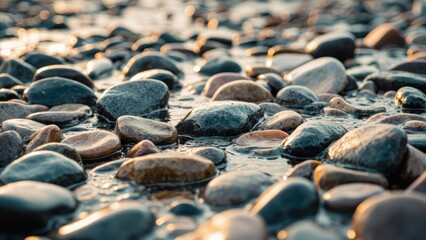 Obraz premium A shallow stream with smooth, multicolored stones partially submerged in clear water. Light reflections dance on the surface, emphasizing the natural textures and tranquility of the flowing riverbed.