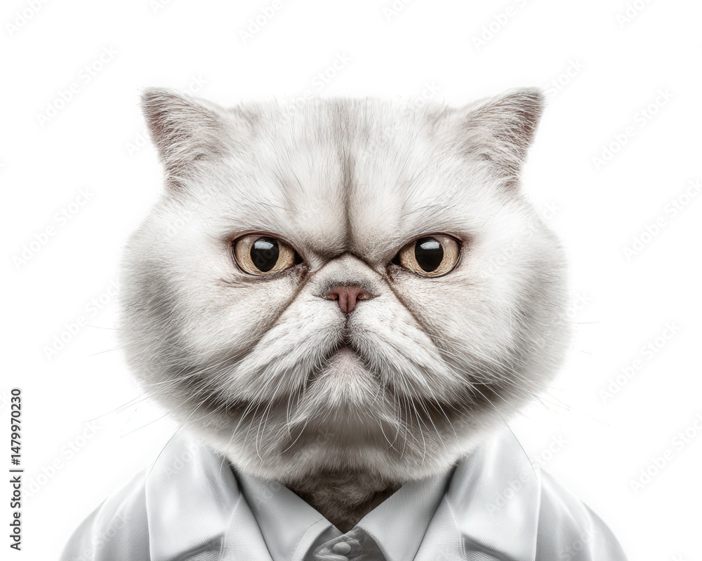 Poster quirky white cat with serious expression, dressed in tiny doctor coat, exudes humorous charm. this u