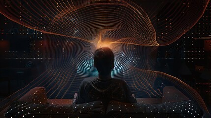 A person sits on a dimly lit couch, wearing a dark shirt, with a warm glow emanating from their head, evoking a sense of tranquility and introspection.