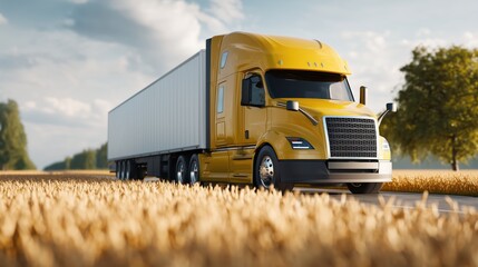Bright yellow semi truck driving through a beautiful wheat field underneath a blue sky showcasing agricultural transportation and rural life