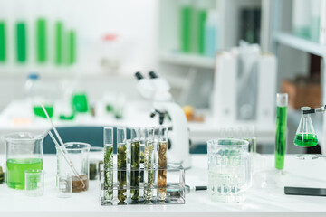 Modern scientific laboratory interior with advanced equipment and microscope setup for medical research, chemical testing, and biotechnology innovation in a professional healthcare environment