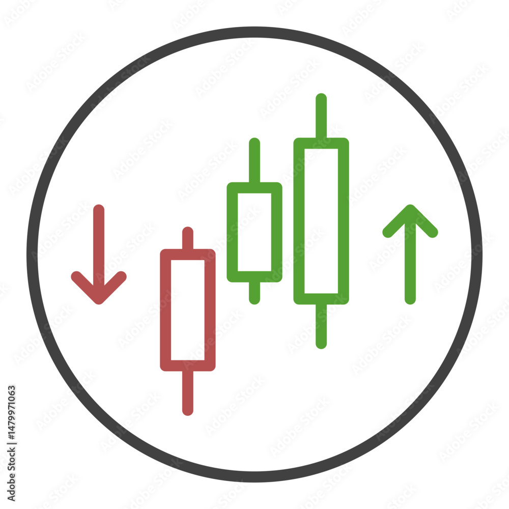 Poster cryptocurrency trading vector candlestick chart with arrows outline round icon or symbol