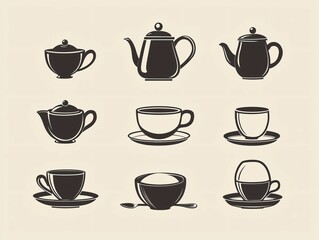 Classic Tea and Coffee Pot and Cup Silhouettes on Soft Background