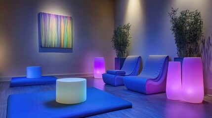 Serene Spa Relaxation Room: Tranquil Ambiance with Soft Lighting and Comfortable Seating