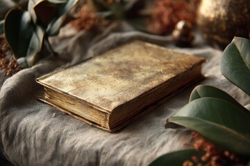 Obraz premium Aged gold-leaf book resting on a linen cloth.
