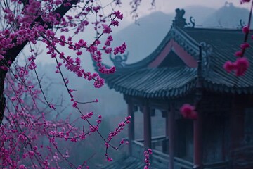 Fototapeta premium Pink Blossoms and Ancient Architecture