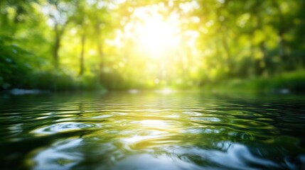 Sunlit stream in lush green forest, tranquil waters reflecting sunlight
