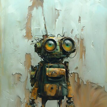 A worn, green-and-yellow robot stands against a textured wall, its large green eyes and open mouth conveying a sense of mid-conversation, with cables and wires visible on its bulky body.