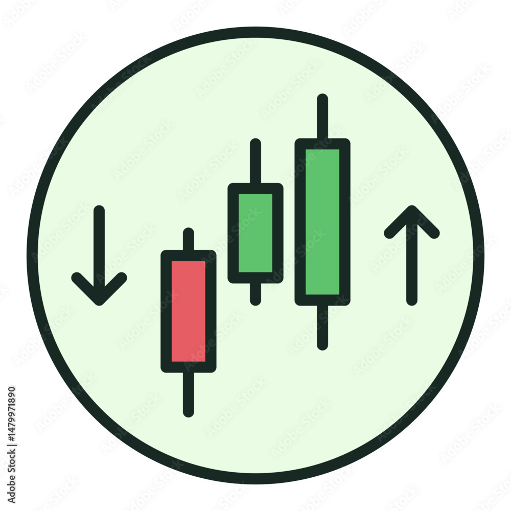 Poster crypto trading vector candlestick chart with arrows colored round icon or design element