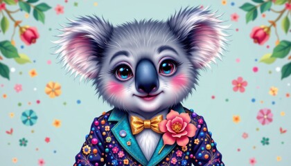 festive koala wearing a sequin blazer, adorned with a floral brooch, in a cartoonish style, lively jewel tones colors, celebratory vibe, top down composition, high resolution
