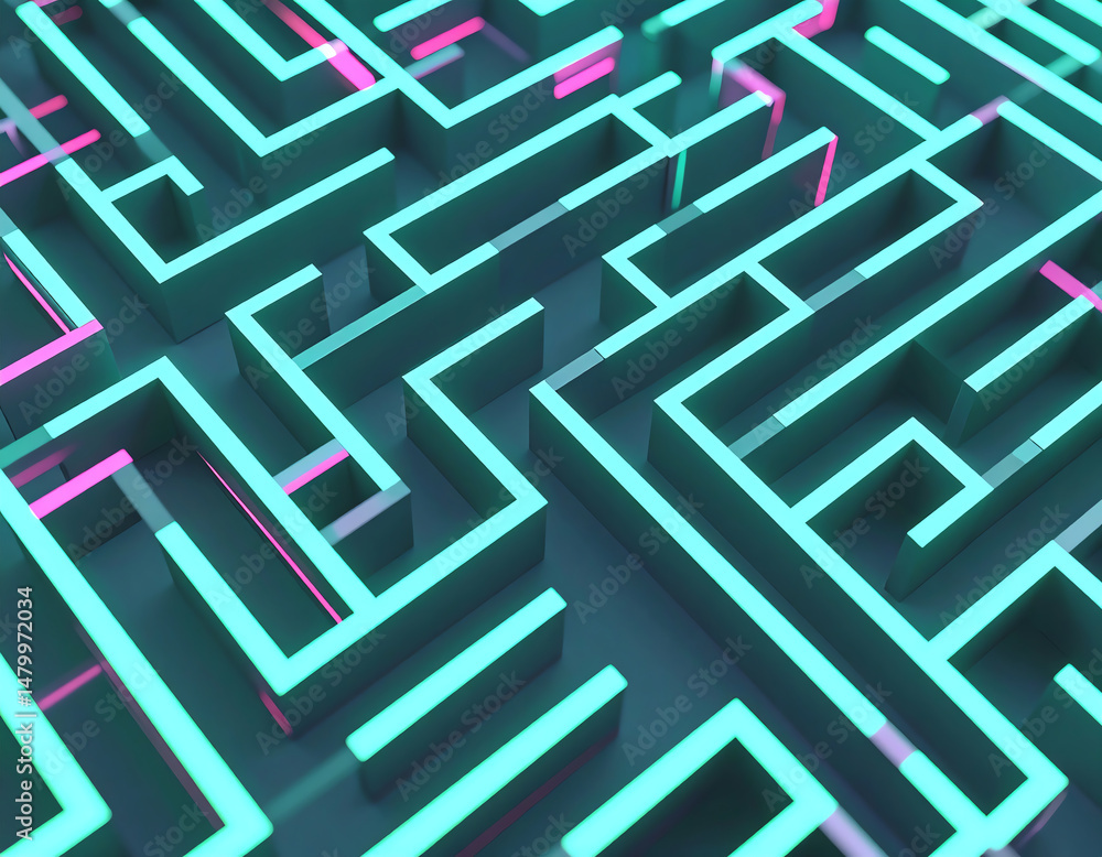 Poster a vibrant, abstract maze design with glowing lines in shades of teal and pink, creating a futuristic