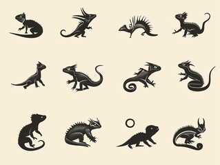 Fototapeta premium Black Silhouette Illustrations of Various Lizard and Gecko Species