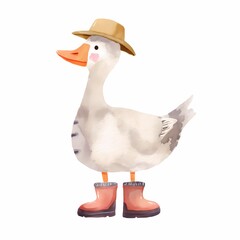 Watercolor goose in boots and hat on white background