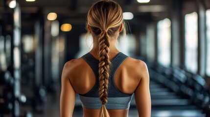 Blonde woman in sports bra with a braid at the gym, back view. Perfect for fitness, lifestyle, or health related articles and websites.