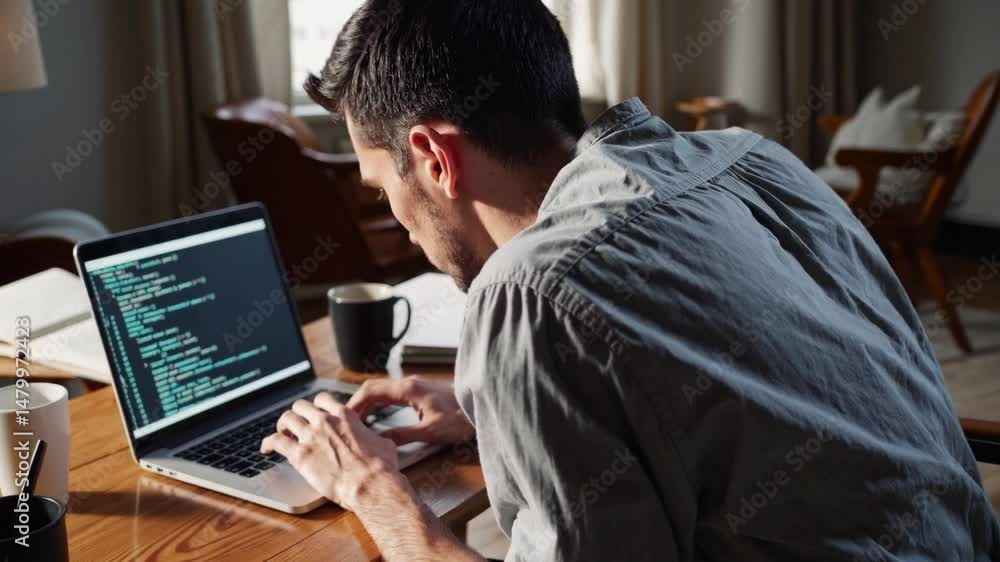 Poster Focused coding session with young man programmer on laptop at home office, programming in bright, calm workspace atmosphere