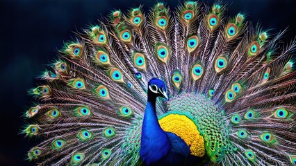 Obraz premium Peacock Displaying Feathers: Vibrant Plumage, Iridescent Colors, and Exotic Bird