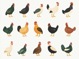 Colorful Illustrations of Various Chicken Breeds on Light Background