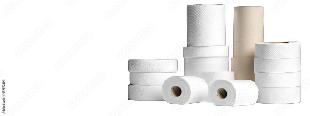 Poster a group of white and brown toilet paper rolls stacked neatly on a white surface the rolls are a mix 
