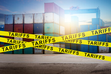 Cargo shipping containers in the port symbolize trade with caution tape of tariffs. Concept of the...