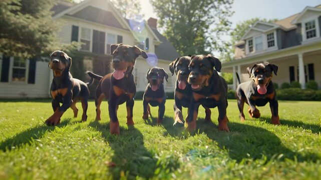 cute playful doberman puppies on a summer lawn near the house
