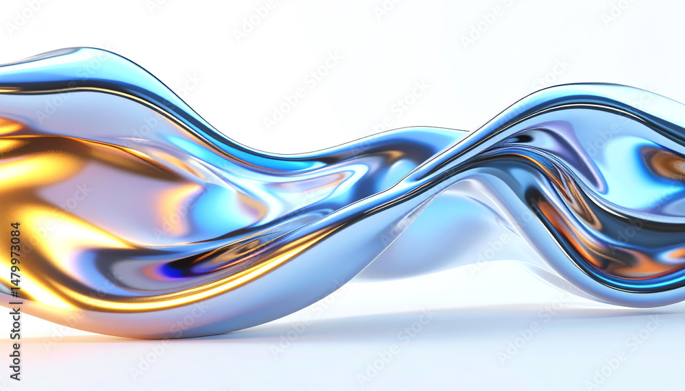 Poster fluid metallic waves reflect light, creating a dynamic, colorful display. the design evokes a sense 