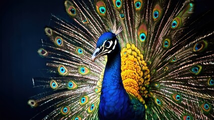 Fototapeta premium Majestic Peacock Displaying Vibrant Feathers, Peacock Feathers, Bird, Wildlife, Beauty, Elegance, Close-Up