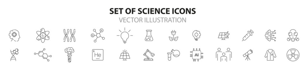 Science icon set. Science and research line icons collection. Science progress line icons. Vector illustration
