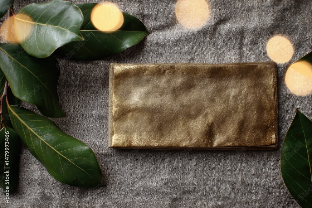 Poster elegant gold rectangular object on textured fabric.