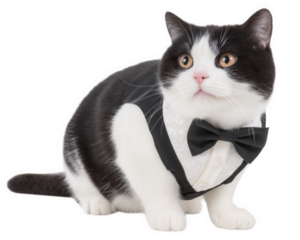 Charming American Shorthair cat dressed in tiny tuxedo, exuding elegance and playfulness. This adorable feline is ready for special occasion, showcasing its unique style and personality