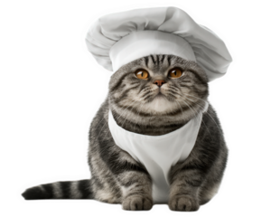 Playful American Shorthair cat dressed as chef, complete with white chef hat and apron, exuding charming and whimsical vibe. This adorable feline is ready to cook up some fun