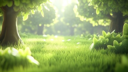 Sunlit forest scene with lush green grass and trees