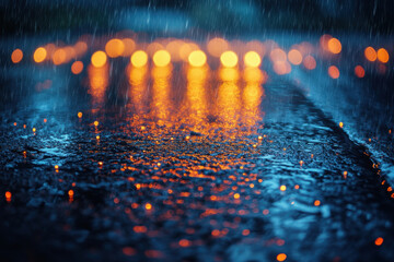 Glowing street lamps illuminate rain-soaked pavement.