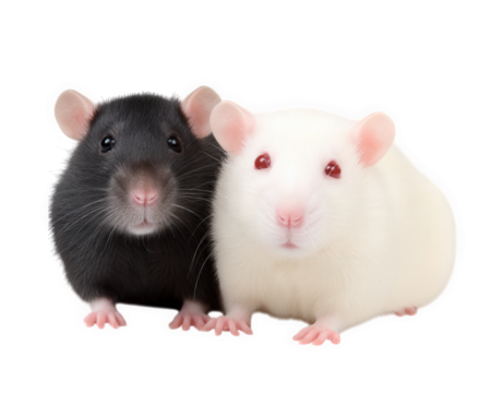 Two adorable pet rats, one black and one white, sit closely together, showcasing their unique features and friendly demeanor. These small animals are often kept as loving companions