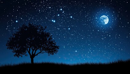 Silhouetted tree at night, starry sky with a large moon