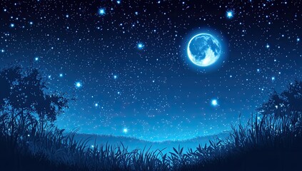 Fototapeta premium A serene night sky with a large moon and stars, above a field of tall grass. Silhouettes of trees frame the scene