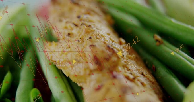 Grilled chicken slice resting on green vegetable stalks while digital overlay tracking cooking data