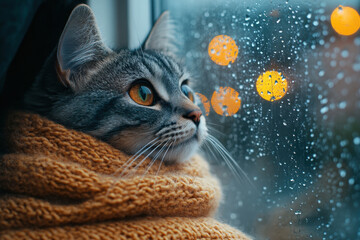 Cat staring at rain through window.