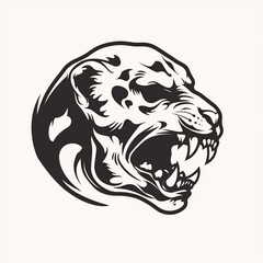 Fototapeta premium A jaguar's head is depicted with its mouth open, showcasing sharp teeth and fangs, against a plain white background emphasizing contrast and simplicity.