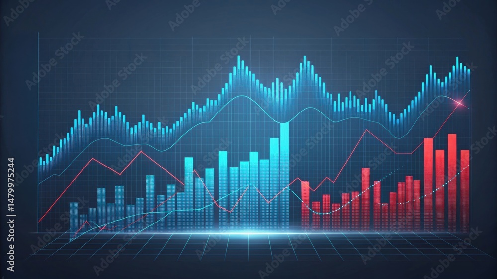 Poster 3d financial graph with colorful bars and lines on a dark background.