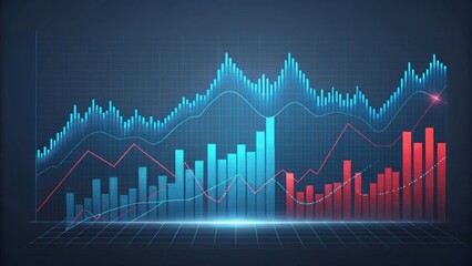 3D financial graph with colorful bars and lines on a dark background.