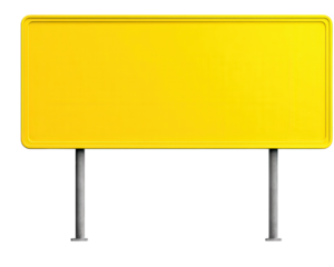 Blank yellow sign on two metal poles stands isolated against transparency background, conveying sense of emptiness and potential for future messages