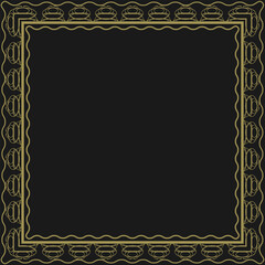 Square golden frame with lacy vintage ornament. Black background. Vector illustration