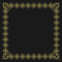 Square golden frame with ethnic vintage ornament and cross-shaped elements in the corners. Black background. Vector illustration